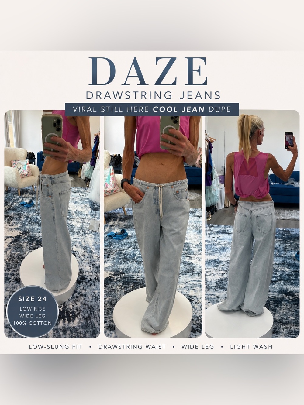 DAZE Drawstring Wide Leg Jeans 24 | Viral Still Here Cool Jean Dupe